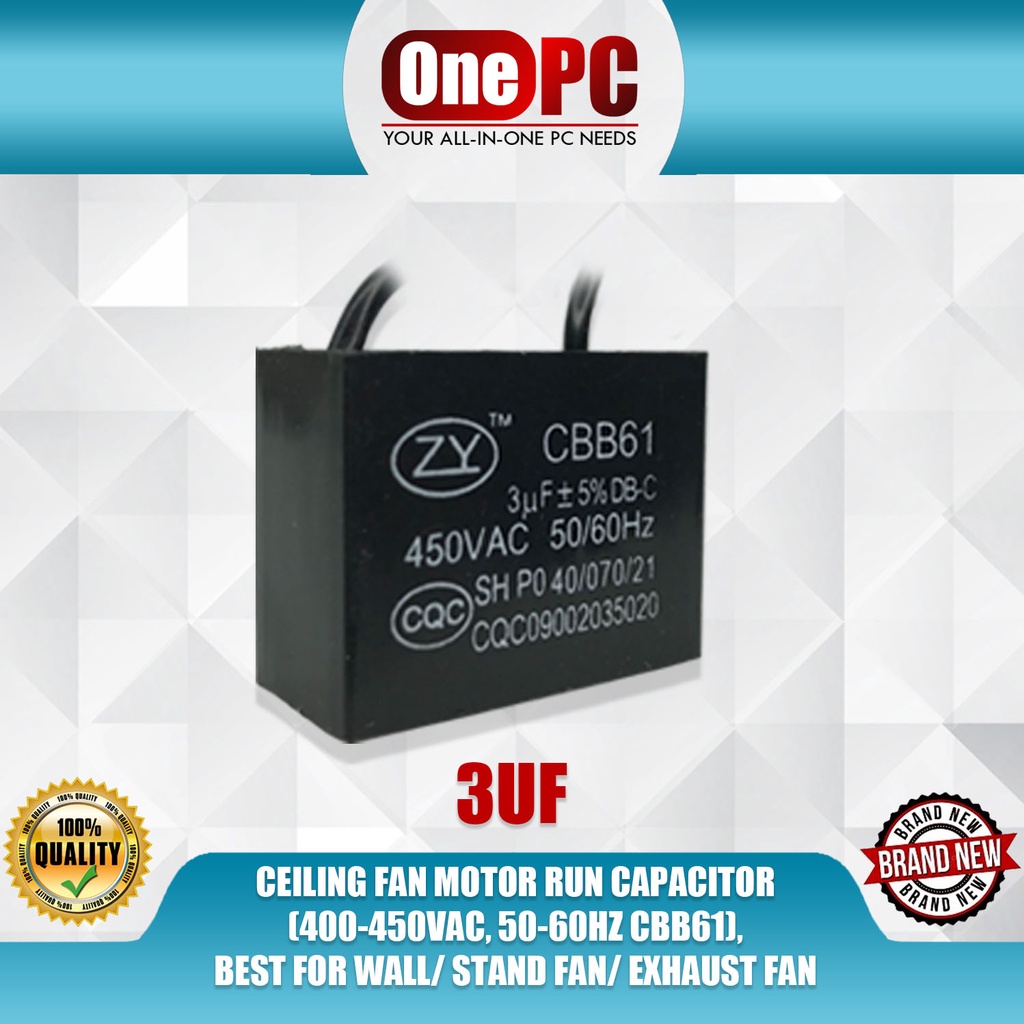 CEILING FAN MOTOR RUN CAPACITOR (3UF 450VAC, 5060HZ CBB61), BEST FOR WALL/ STAND FAN/ EXHAUST
