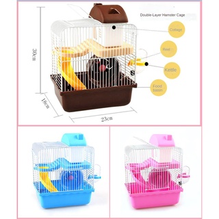 Double transparent hamster cage with running wheel water bottle food pot pet house