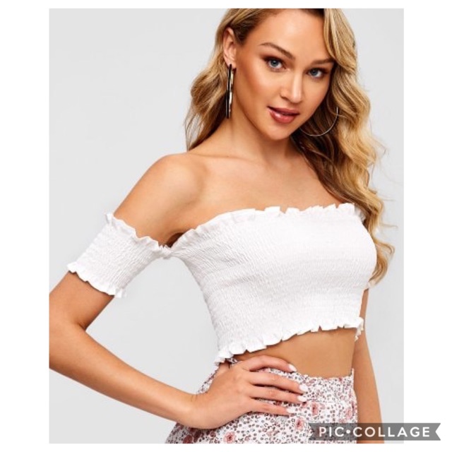 white off the shoulder smocked top