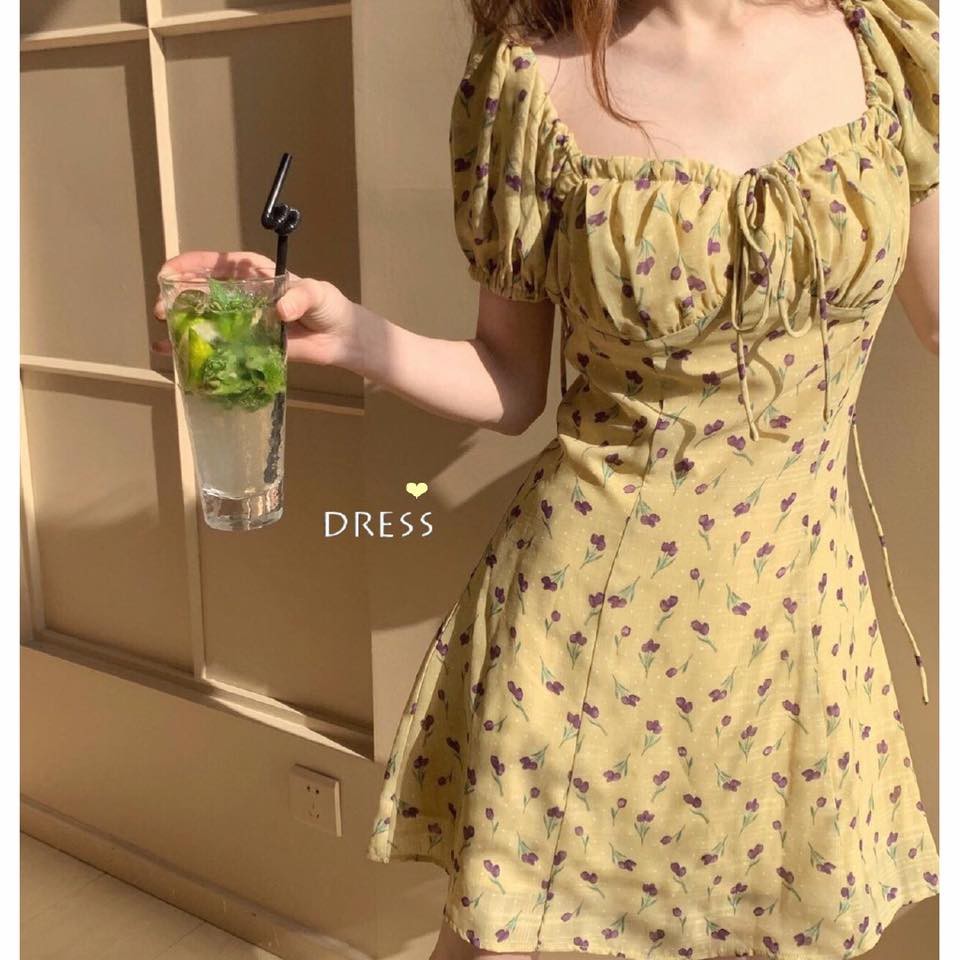 Korean Fashion Women Floral Dress Puff ...