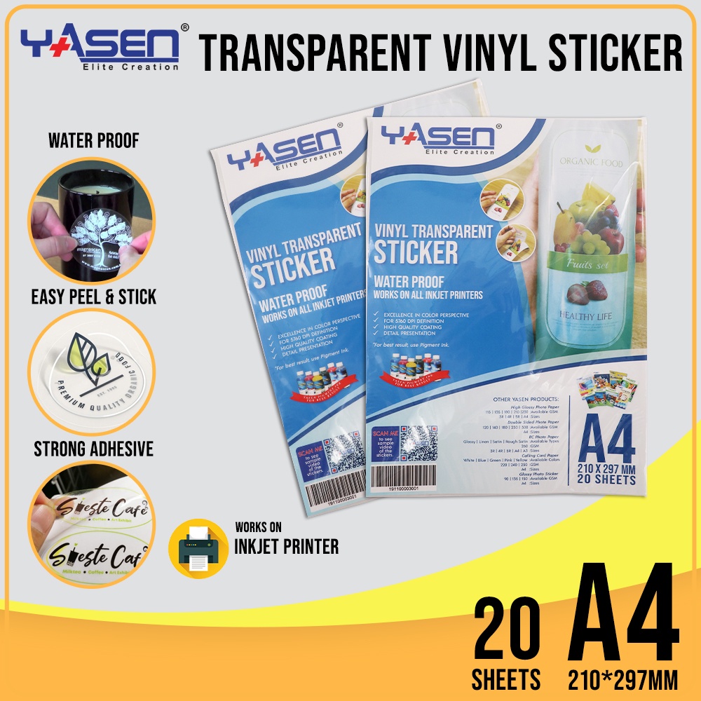 Yasen Transparent Vinyl Sticker Paper Waterproof A4 Size (20 Sheets ...