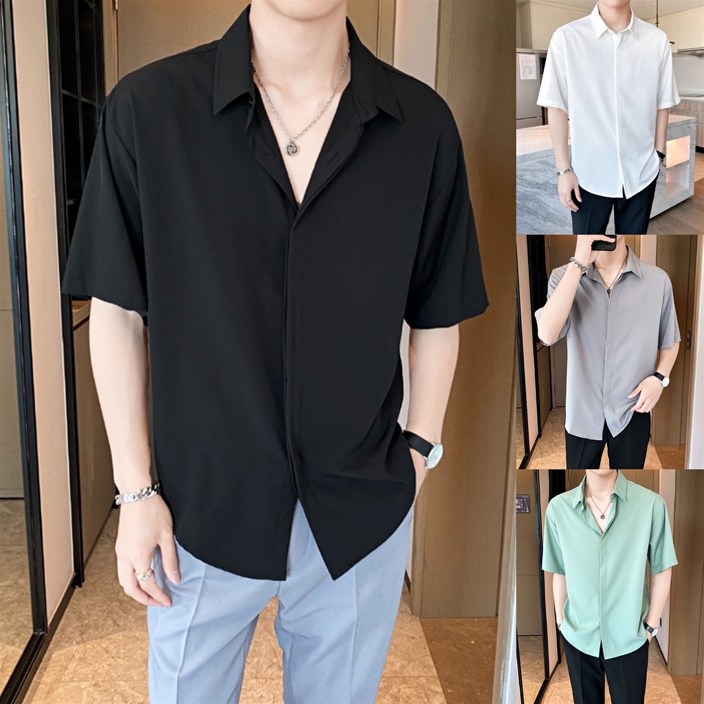 Huilishi Korean Oversized Mens Casual Fashion Short Sleeve High Quality Plain Shirts Shopee