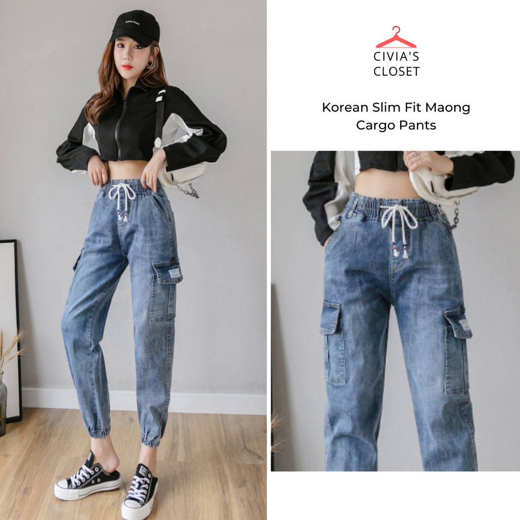[Blueberry] Mom Jeans pants high waist Maong Cargo Pants for women ...