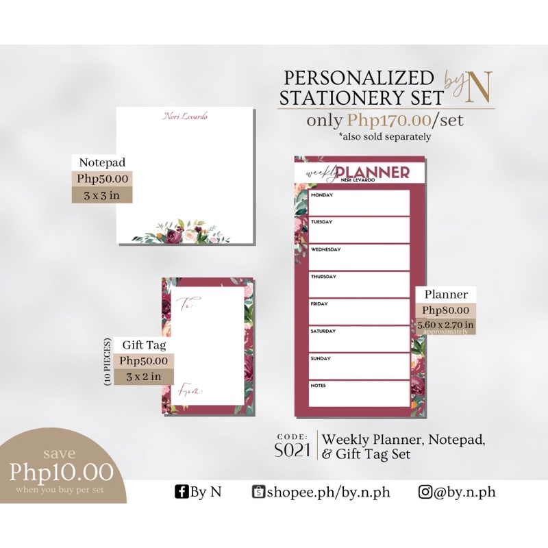 Personalized Stationery Set by N (Weekly Planner, Notepad, and Gift Tag