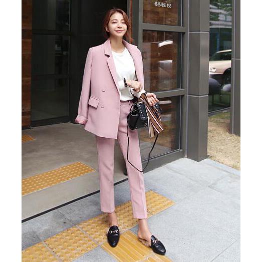 Korean Dusty Pink Suit Jacket Ninth Pants Two Piece Blazer | Shopee ...