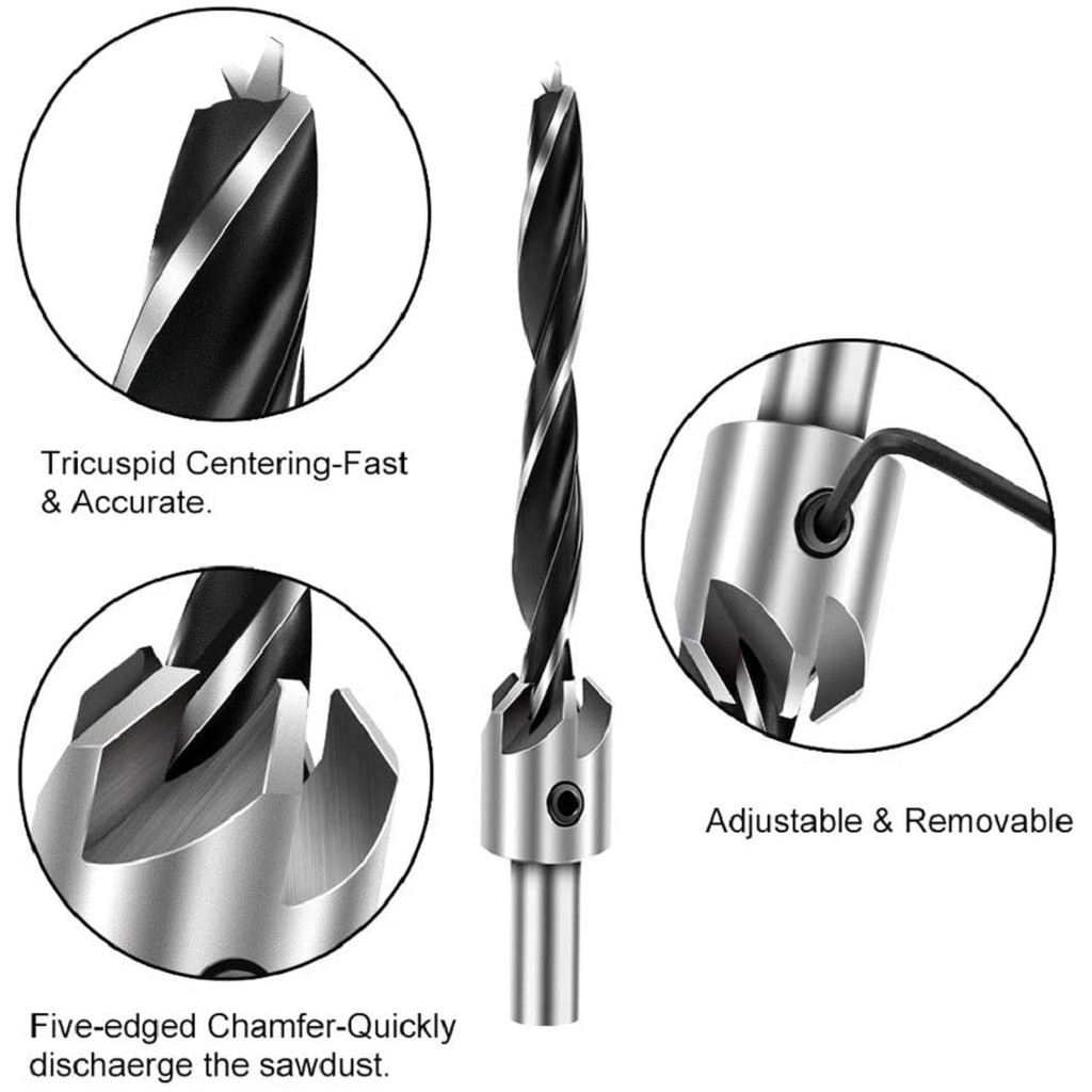 Drill Bit Set with One Hex Key High-Speed Steel Drill Adjustable Carpentry Reamer Plated for Wood DIY 7 PCS 3-10mm Countersink Drill Bit 