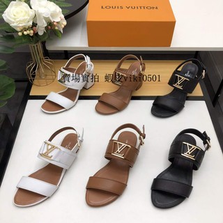 Top original single 2020 new LV home metal buckle thick high-heeled sandals LV flat sandals ...