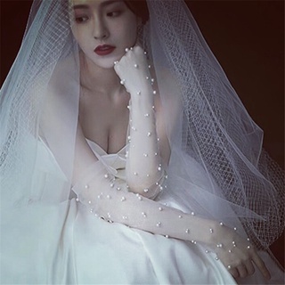 Fashion Simple Temperament Trend Bride Long White Wedding Dress Lace Thin Mesh Gauze Gloves