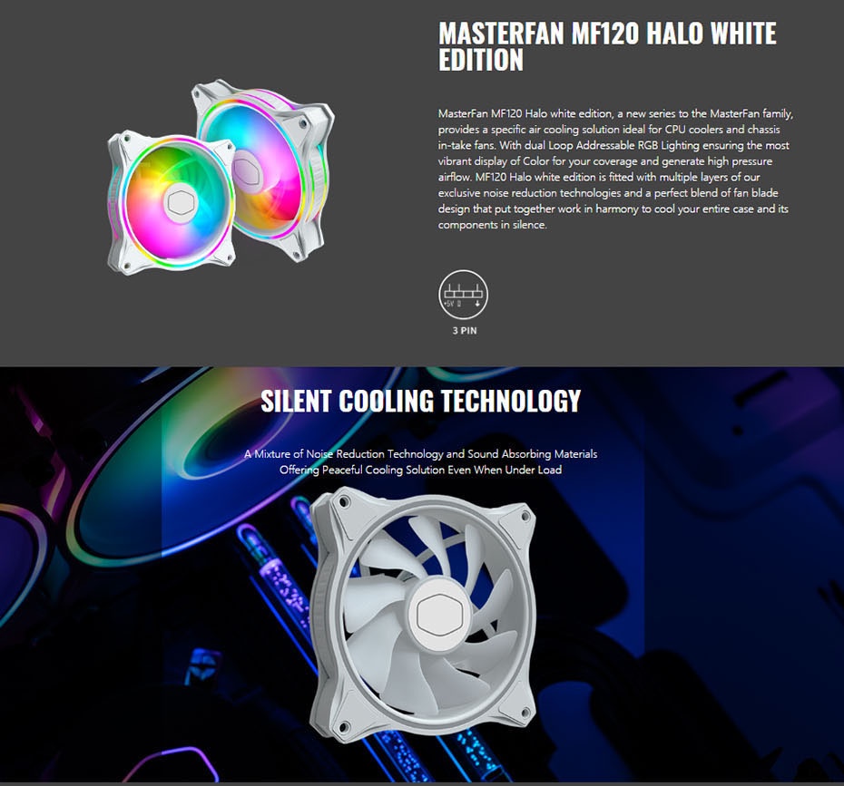 Cooler Master MasterFan MF120 HALO white version 120mm ARGB 5V 3Pin PWM ...