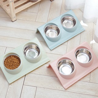 Dog Cat Pet Feeder Bowl Stainless Steel Splash-proof Leak-proof Food Water Double Bowl Pink Blue S/L