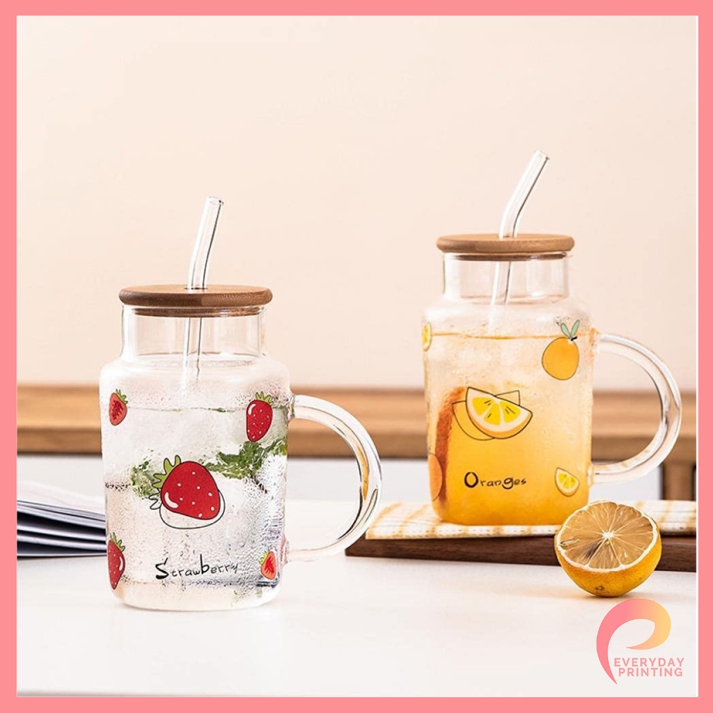 450ml Glass Mug with Lid and Straw (Drinking Glass Juice Cup) Shopee