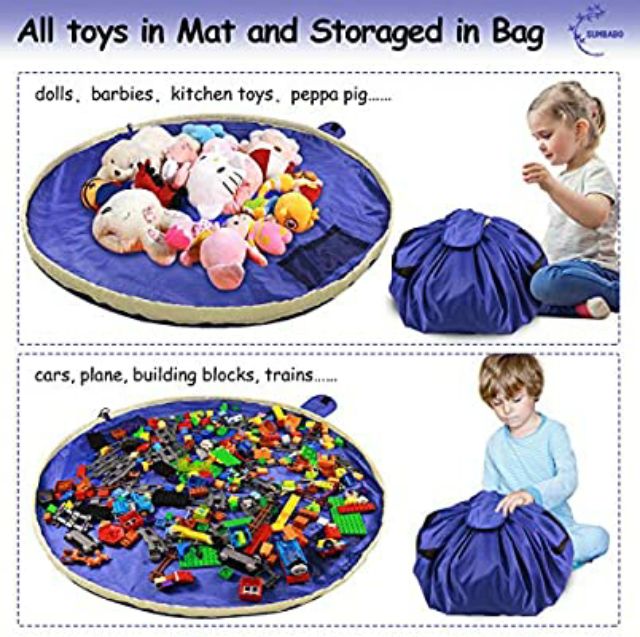 Toy Storage Bag Portable Kids 2 in 1 Round Play Mat Organizer Rug Legos Tidy 