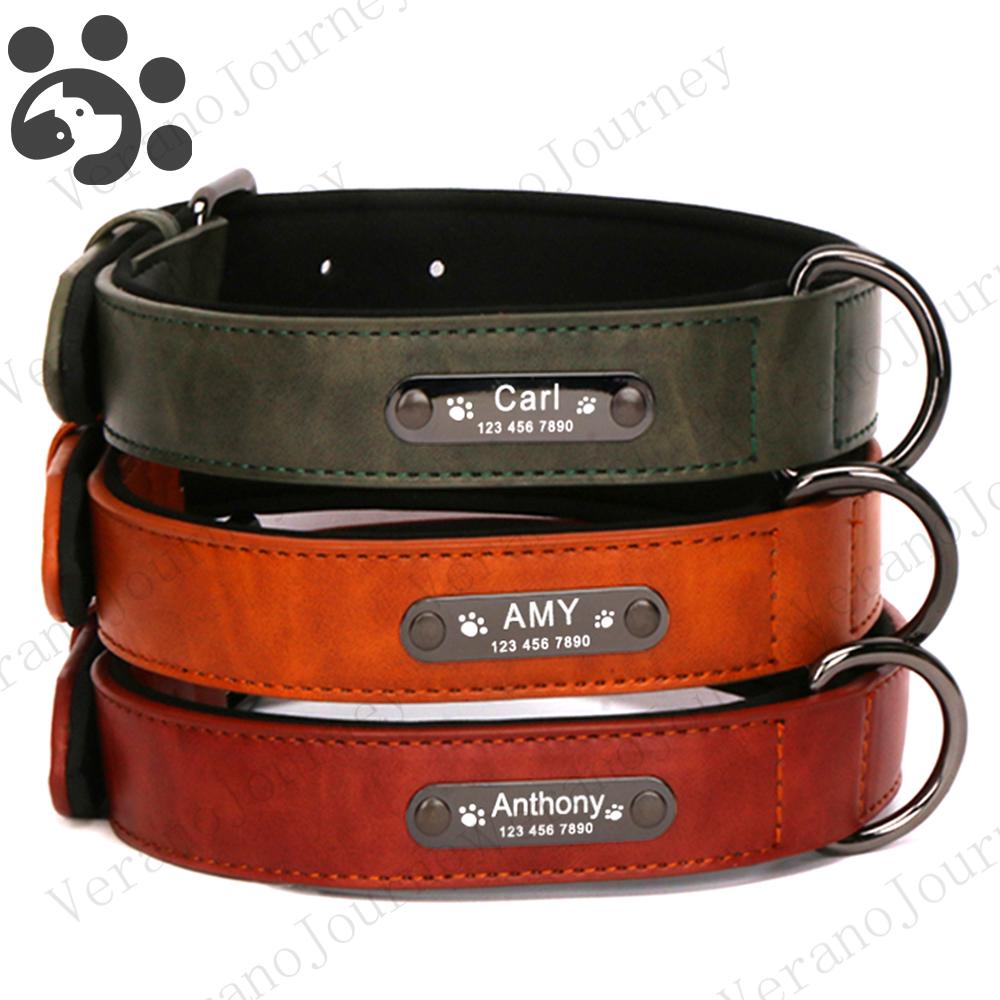 Personalized Leather Dog Collar with ID Tag Engrave for Large Dogs