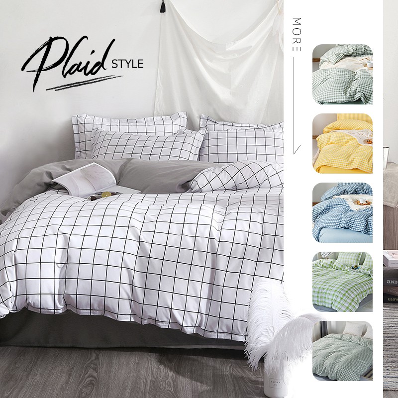Japanese style duvet cover white gray plaid bed sheet pillowcase quilt
