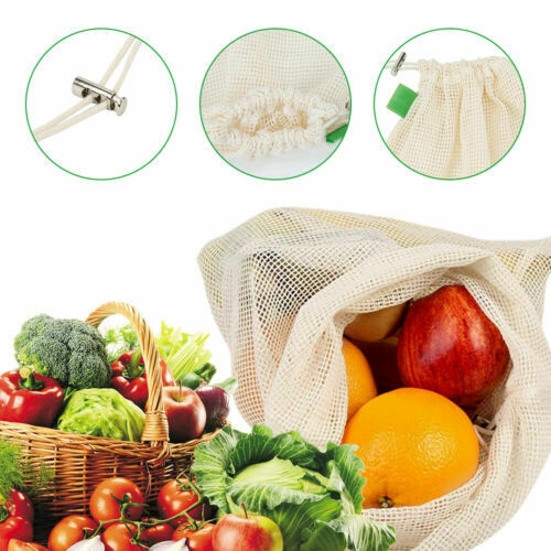 1 Piece Organic Cotton Reusable Mesh Cotton Drawstring String Shopping Bag Kitchen Vegetable Storage