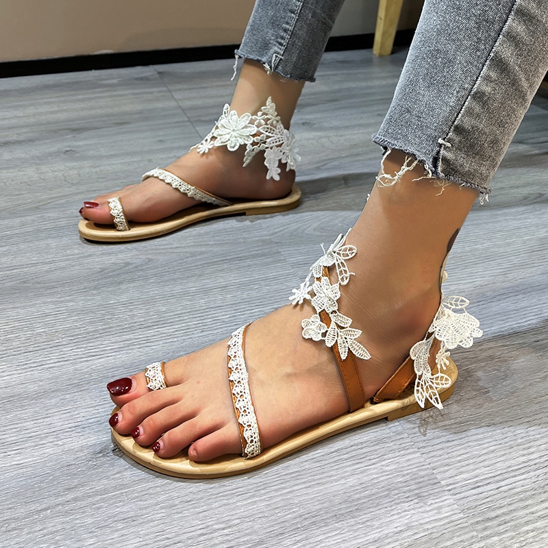 Women’s Ring Toe Loop Slide Flat Sandals Pearls Bohemia Strappy Summer Beach Boho Casual Shoes 