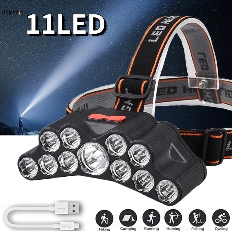 Powerful Headlamp 11LED USB Rechargeable Headlight Strong Bright