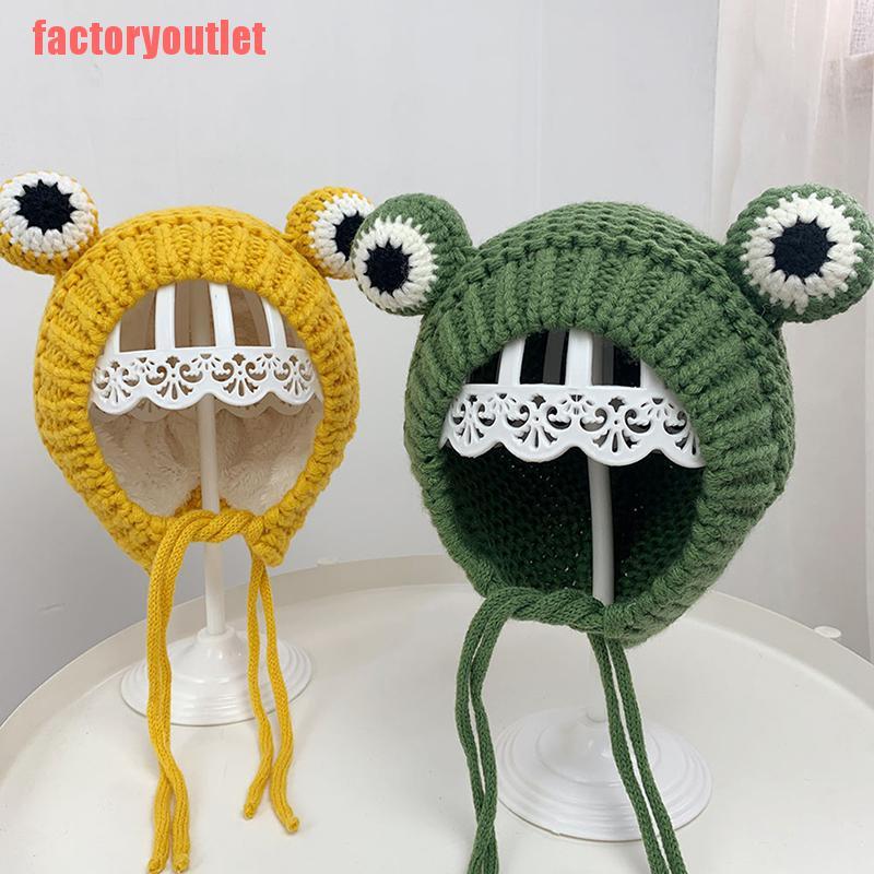 FCPH Solid color Cartoon frog knitted hat winter warm hat Skullies cap beanie for kid