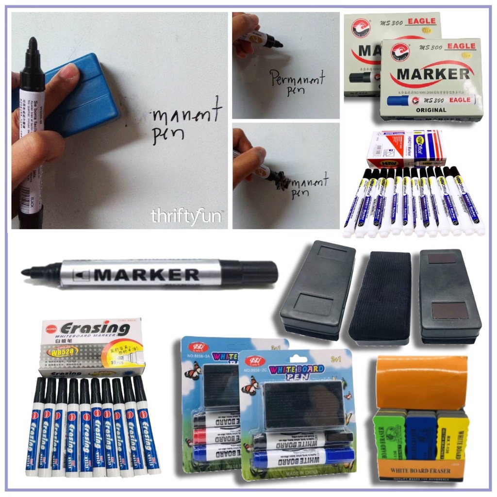 CZC White Board Marker with Eraser Black Blue Ink Permanent Pen, White