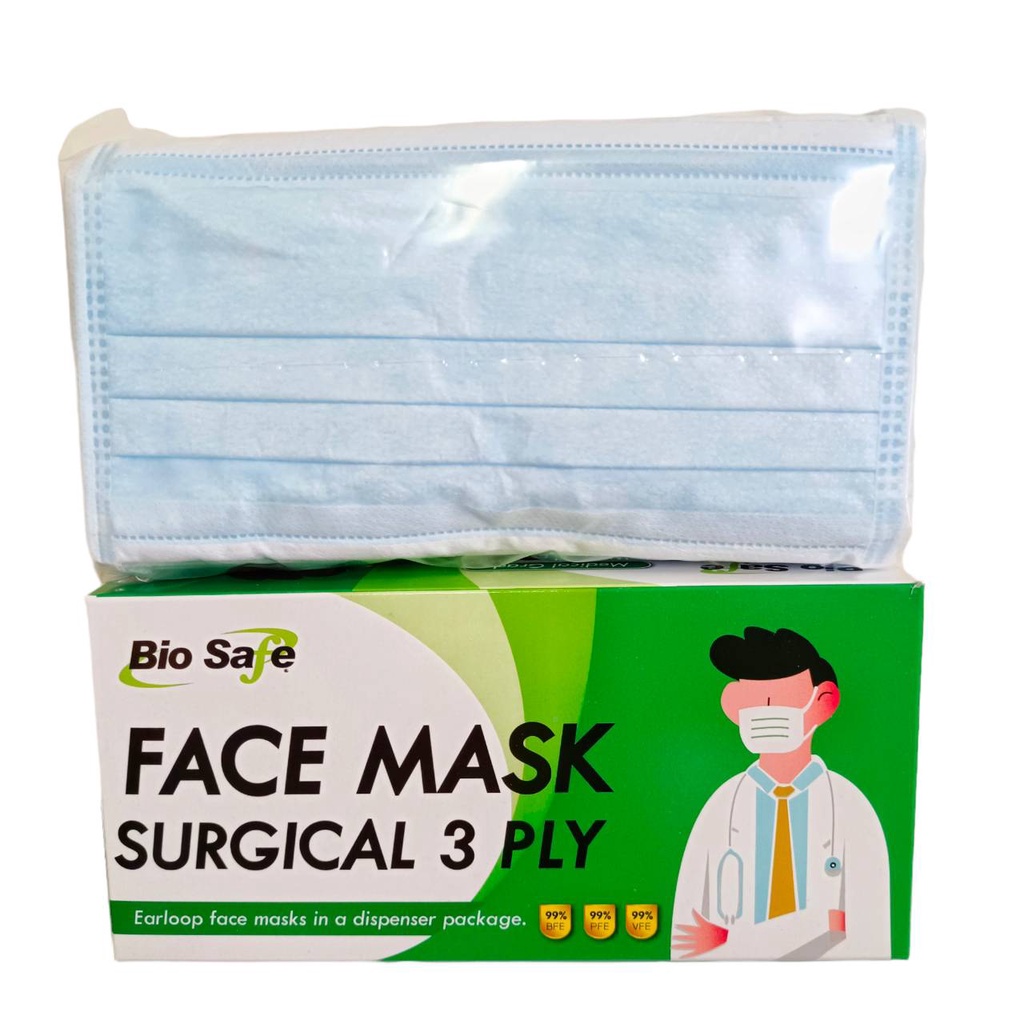 1 Box 50 Sheets Facial Mask For Adults Blue Bio Safe 3Ply Medical