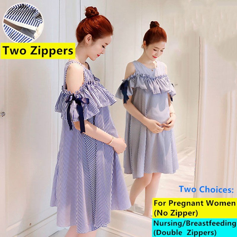 Women's Falbala Striped Plus Size Maternity Dress Korean Style Sweet Nursing  Dress Fashion Breastfeeding Dresses with Zippers Casual Round Neck Off  Shoulder Ruffle Dress with Bowknot | Shopee Philippines