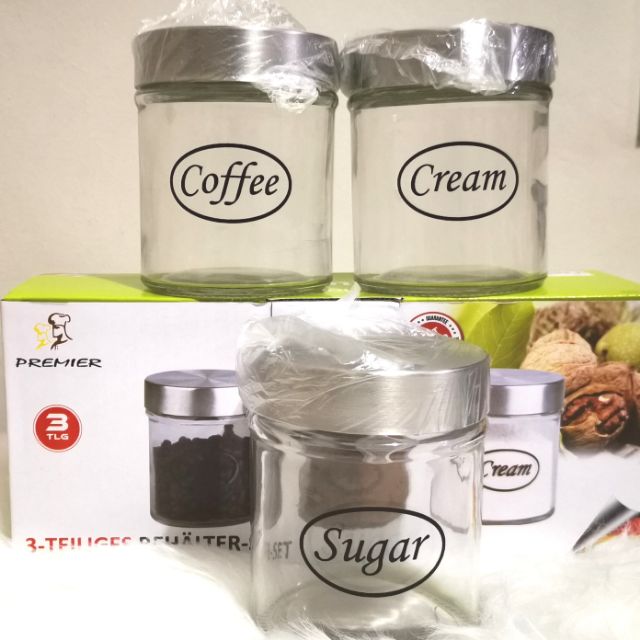 Premier 3PCS Glass Canister Set (Coffee, Sugar, Cream) 350 ML with