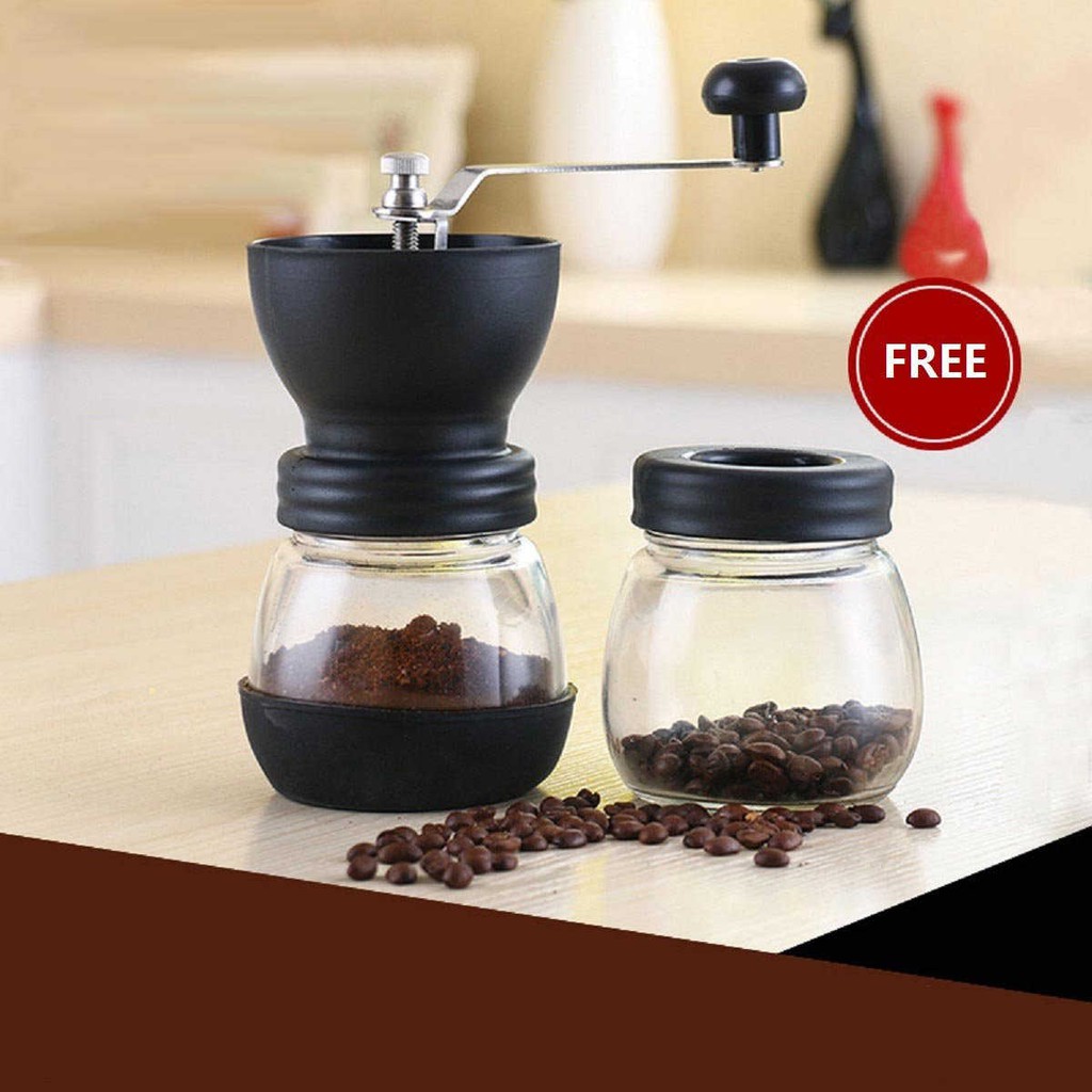 Two Glass Jars,Stainless Steel Handle And Silicon Cover Free Cleaning Brush Manual Coffee Grinder Portable Hand Coffee Mill with Adjustable Ceramic Burrs 