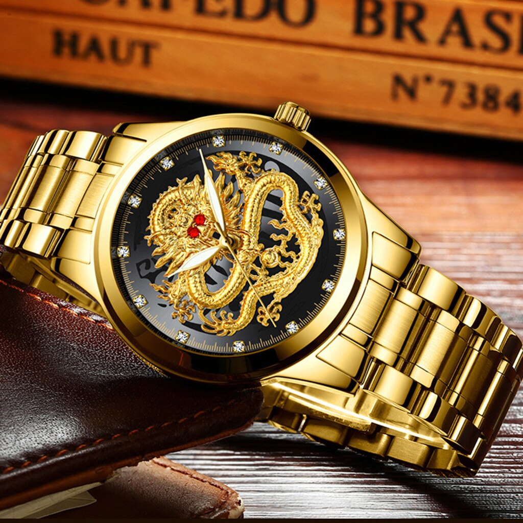 Poshi Luxury Gold Watch Men Original Waterproof 30m Dragon Dial Quartz