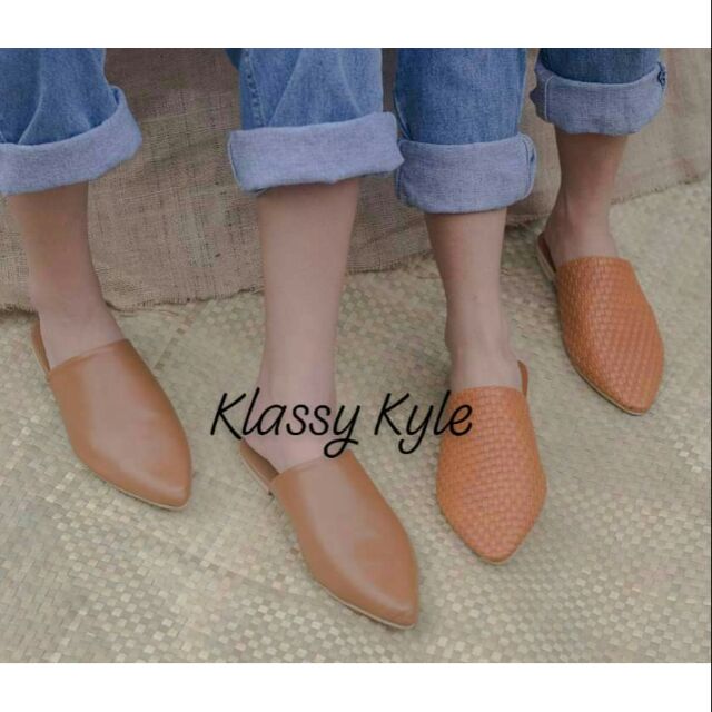 woven tan mules