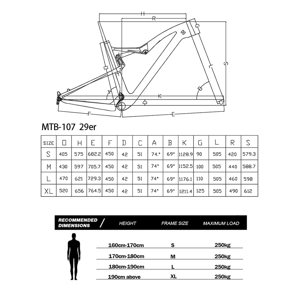 Full Carbon Suspension Mountain Bike Frame 29er Rear Shock Travel 100mm XC Carbon MTB Full