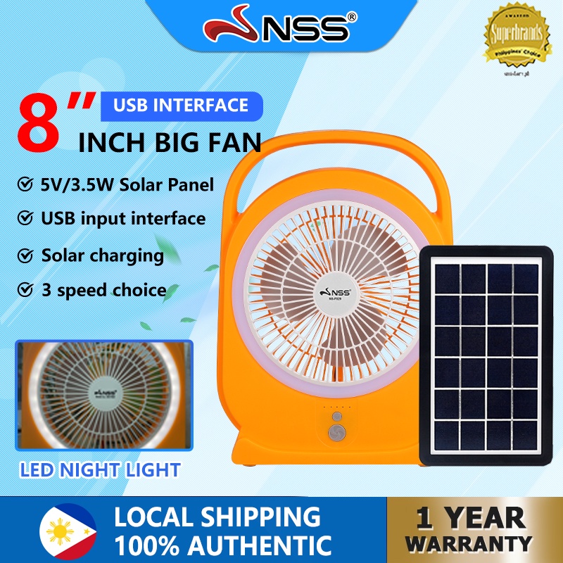 NSS 8" Solar Desk Fan Rechargeable Portable Square Fan with LED Light