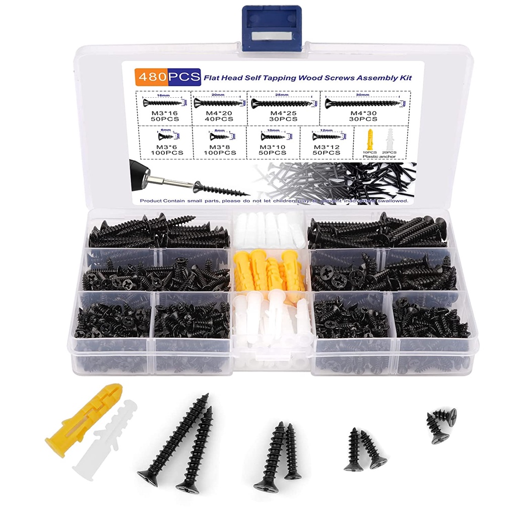 480 Pieces M3 M4 SelfTapping Wooden Screws Sorting Kit, Philips Flat