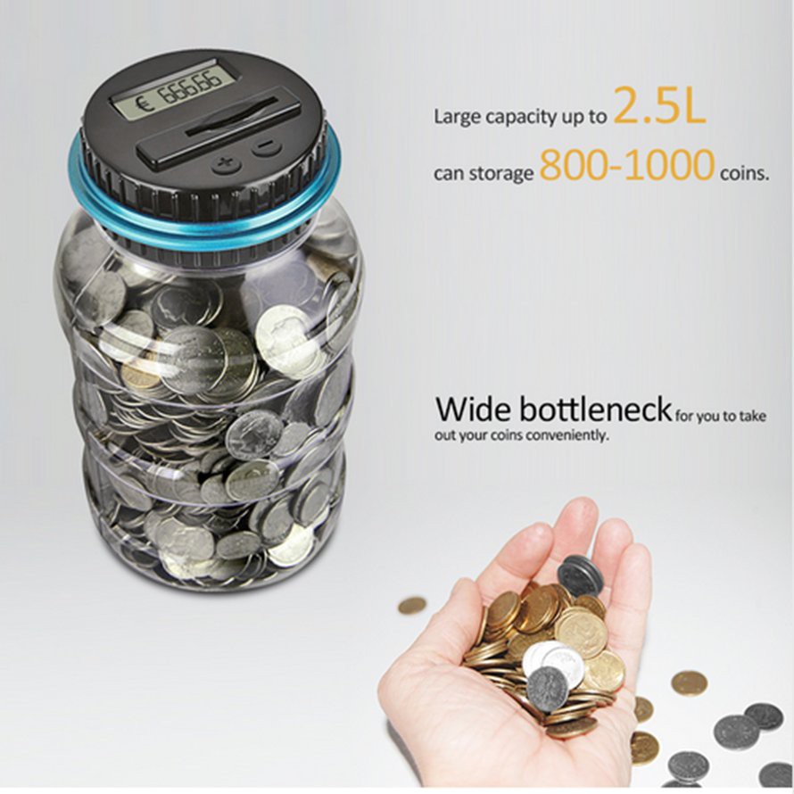 Transparent Clear Coins Automatic Counting Money Saving Box w/LCD Display VAlink Digital Piggy Bank Coin Savings Counter LCD Counting Money Jar Change Bottle 
