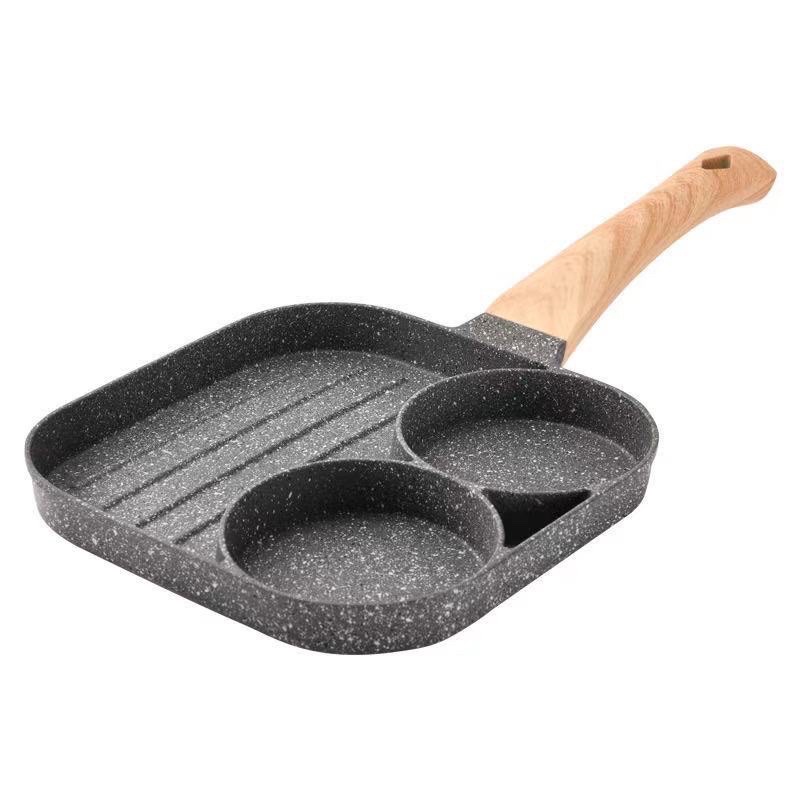 3 Hole Omelet Pan for Burger Egg Ham Pancake Maker Wooden Handle Frying ...