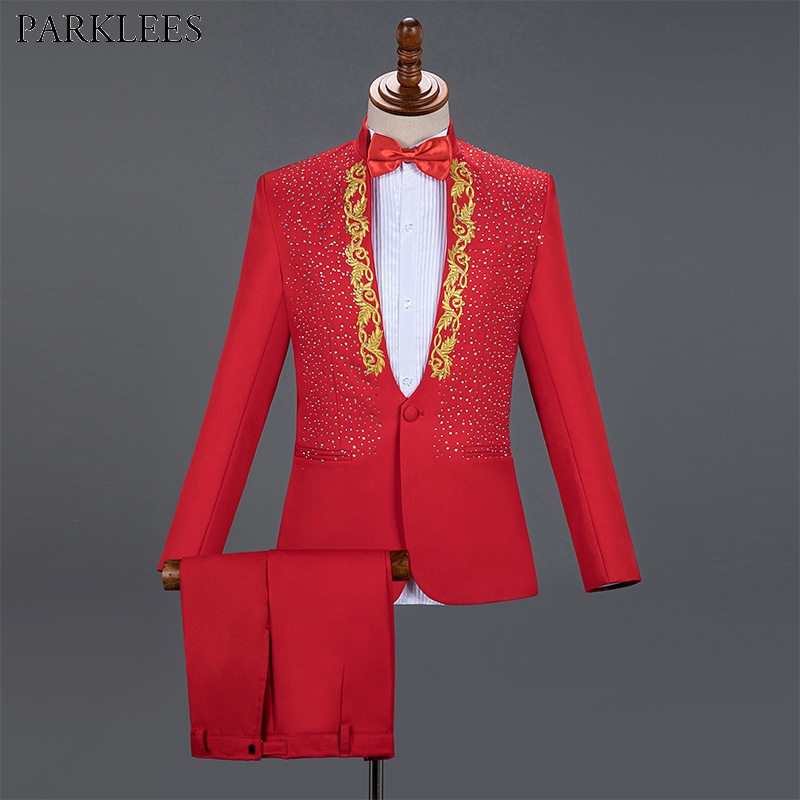 Red Men Suits for Wedding Gold Embroidered Diamond Groom Costume Mens ...