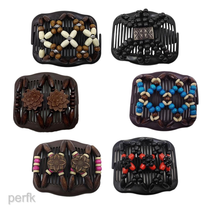 6x Stretchy Beaded Hair Comb Retro Wooden Beads Magic Beads Double Hair Comb