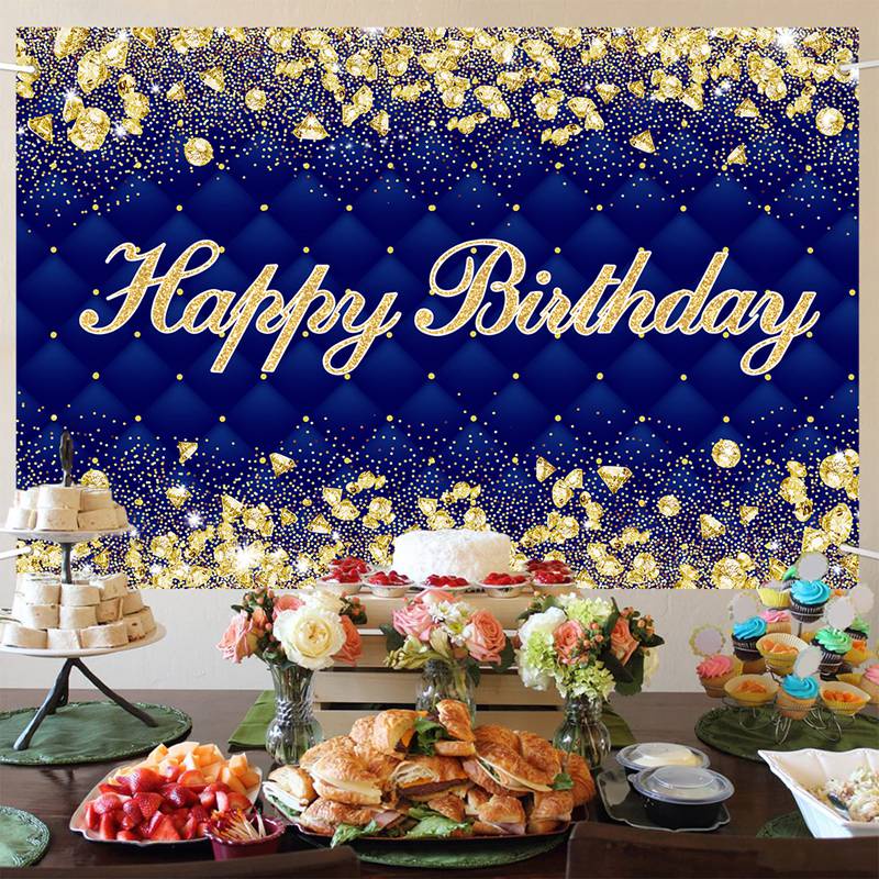 1.5*1M Gold Glitter Grid Happy Birthday Backdrop Banner Dark Blue Black