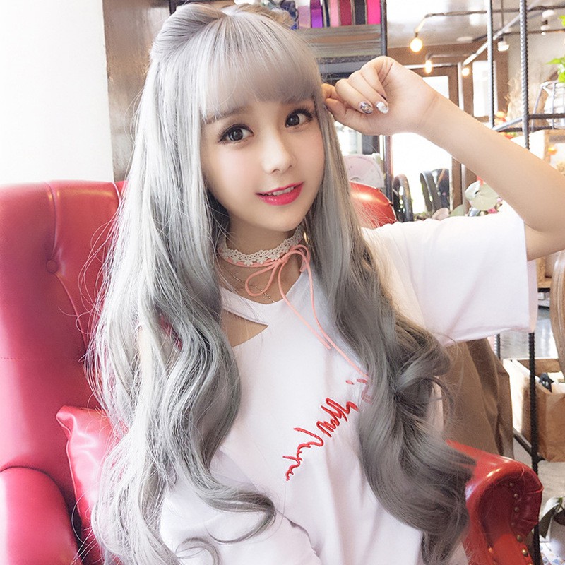 Women S Long Curly Hair Bangs Wig Set Brown Straight Long Wave Wig