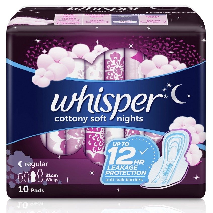 Whisper Cottony Soft Night Clean XLong Overnight 10 Pads Sanitary