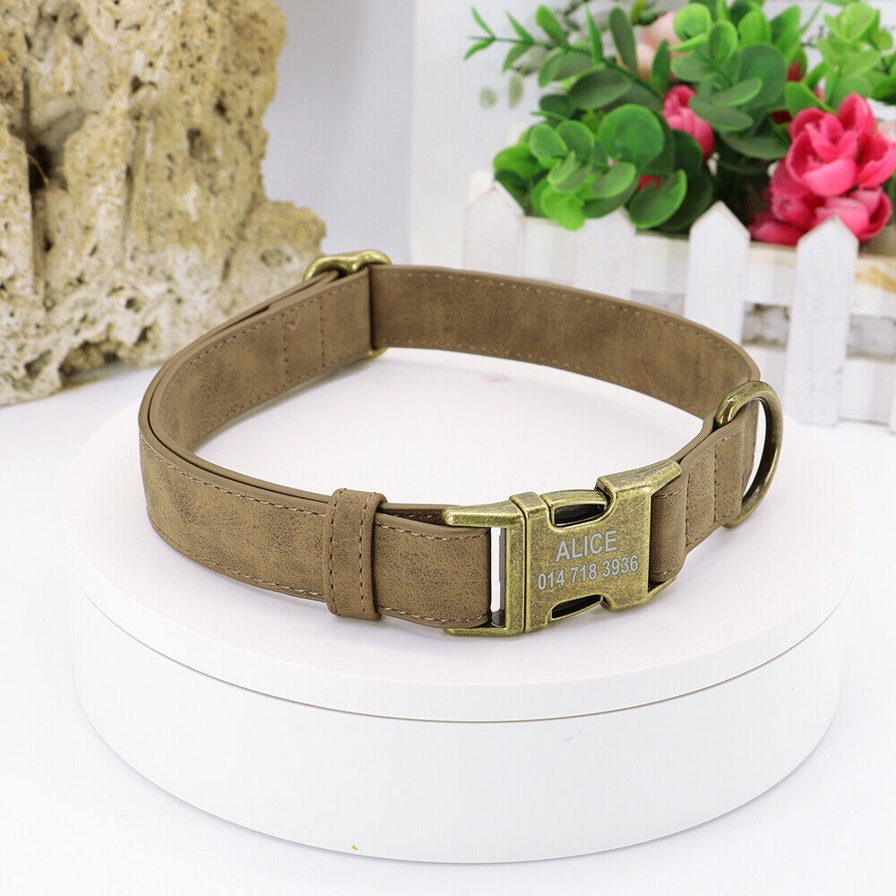 Personalized Leather Dog Collar Brass Buckle D Ring Pet Laser Engraved 5 Colors #4