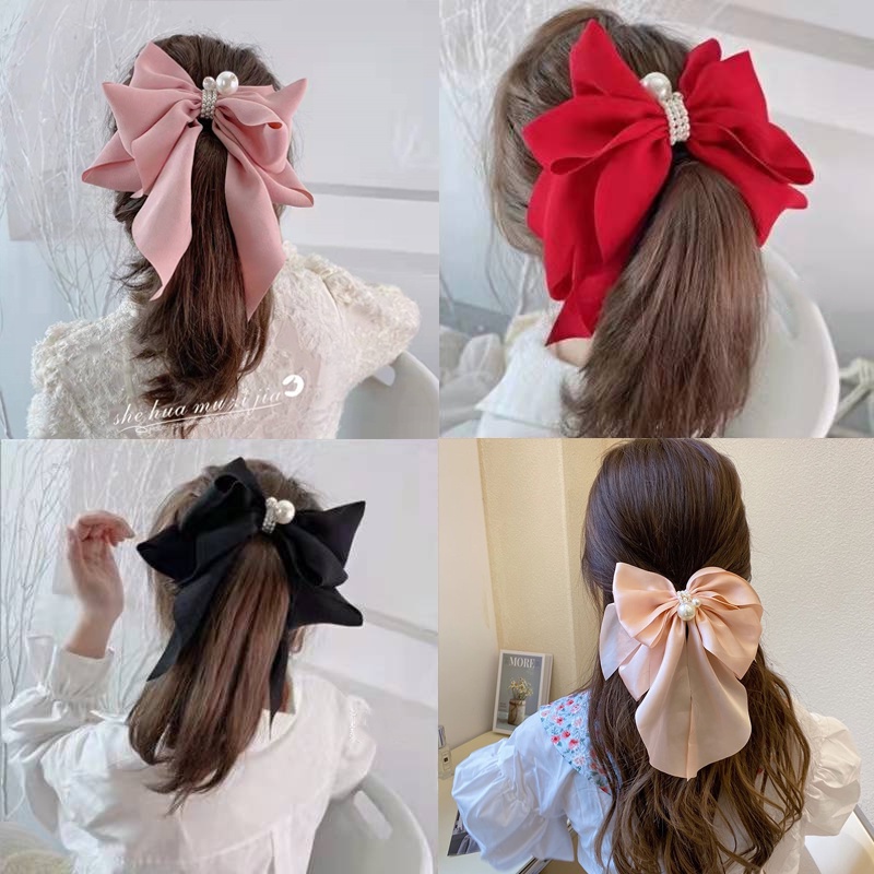 Korea Large Bow Pearl Ribbon Hair Clip Girl Cute Hairpin | Shopee ...