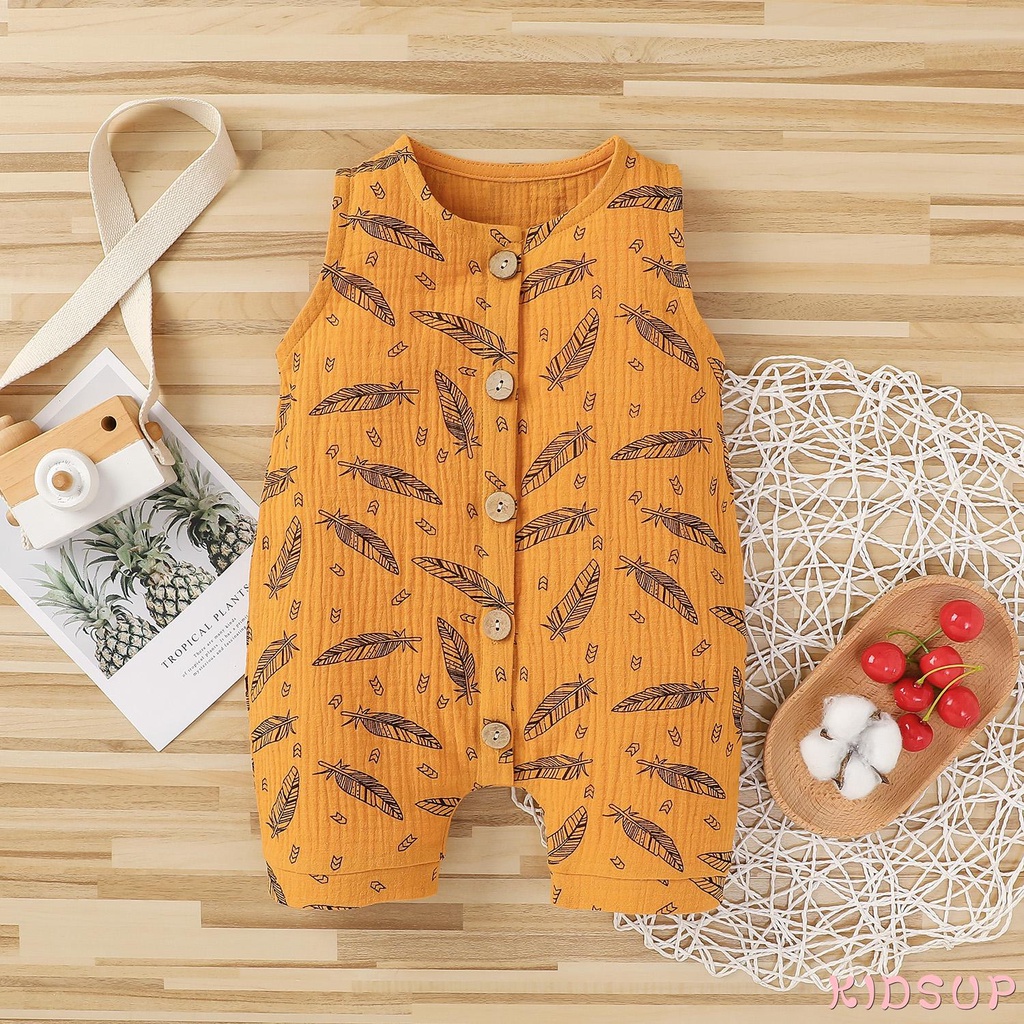 KIDSUP1-Kids Boys Girls Fashion Feather Print Romper Stylish Sleeveless Romper