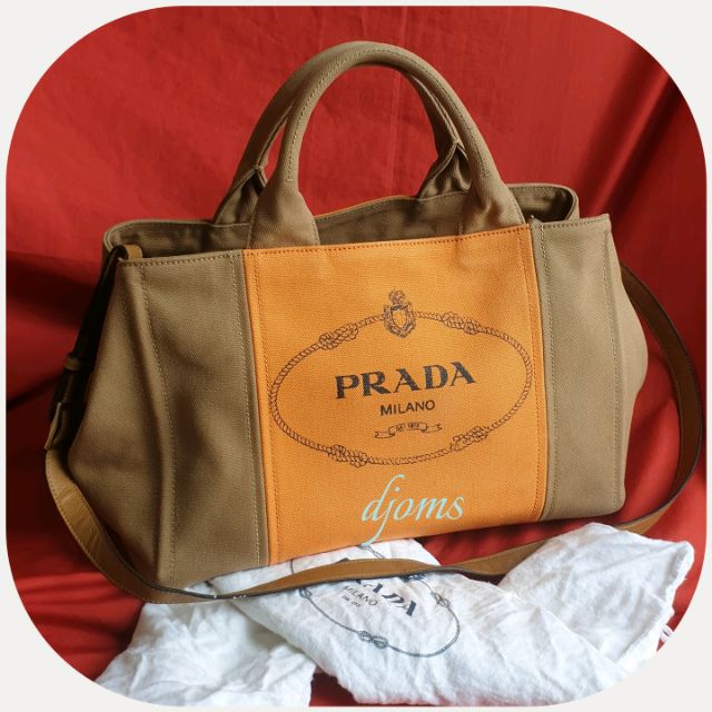 Prada Canapa Beige Orange Canvas 2way Tote Bag | Shopee Philippines