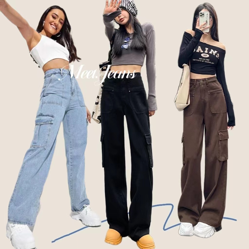CARGO WIDE LEG Jeans Multi Pocket High Waist Boyfriend Jeans Ladies