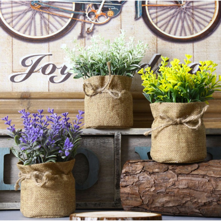 1 Pot Flower Spring Grass Eucalyptus With Sack Basket Artificial Silk Flowers Bride For Wedding Party Home Decoration