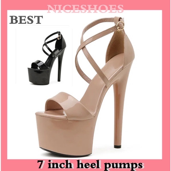 Beauty Pageant High HeelsBeige/Black 7 inchesWedding Chunky Heel Flat