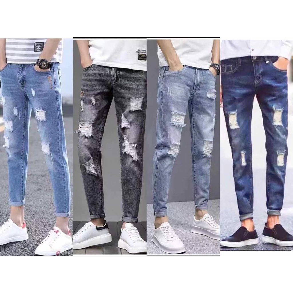 Men Jeans 4 Color Skinny Knee Hole Ripped Maong Slim Elastic Denim ...