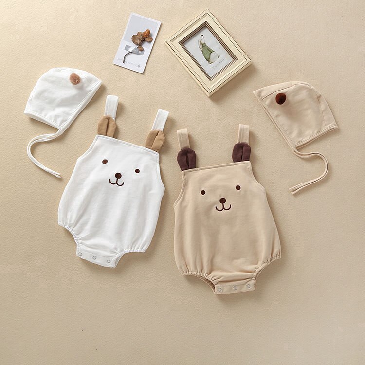 READY STOCK⭐ NEW Baby Girls Clothes Summer Sunsuit 3D Bear Color Block Cotton Print Rompers+Hat Set Infant Outfit Girls Jumpsuit Clothes
