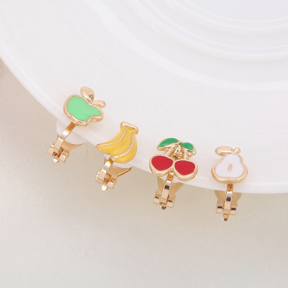 Non Pierced Cute Cartoon Fruit Clip Earrings Cherry Apple Pear Banana