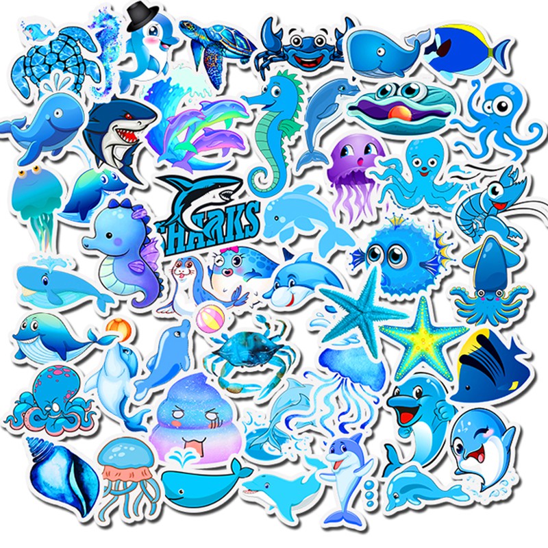 50PCS Pretty Cute Blue Ocean Waterproof Sticker Skateboarding Snowboard ...